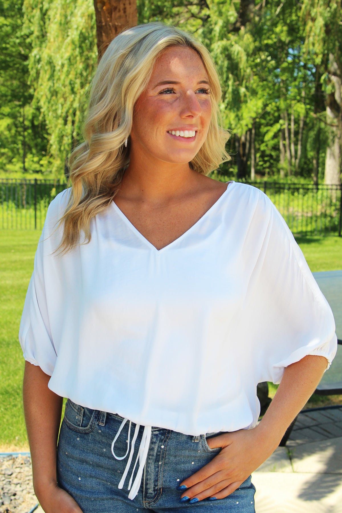 V-Neck Front &amp; Back Cropped Drawstring Top