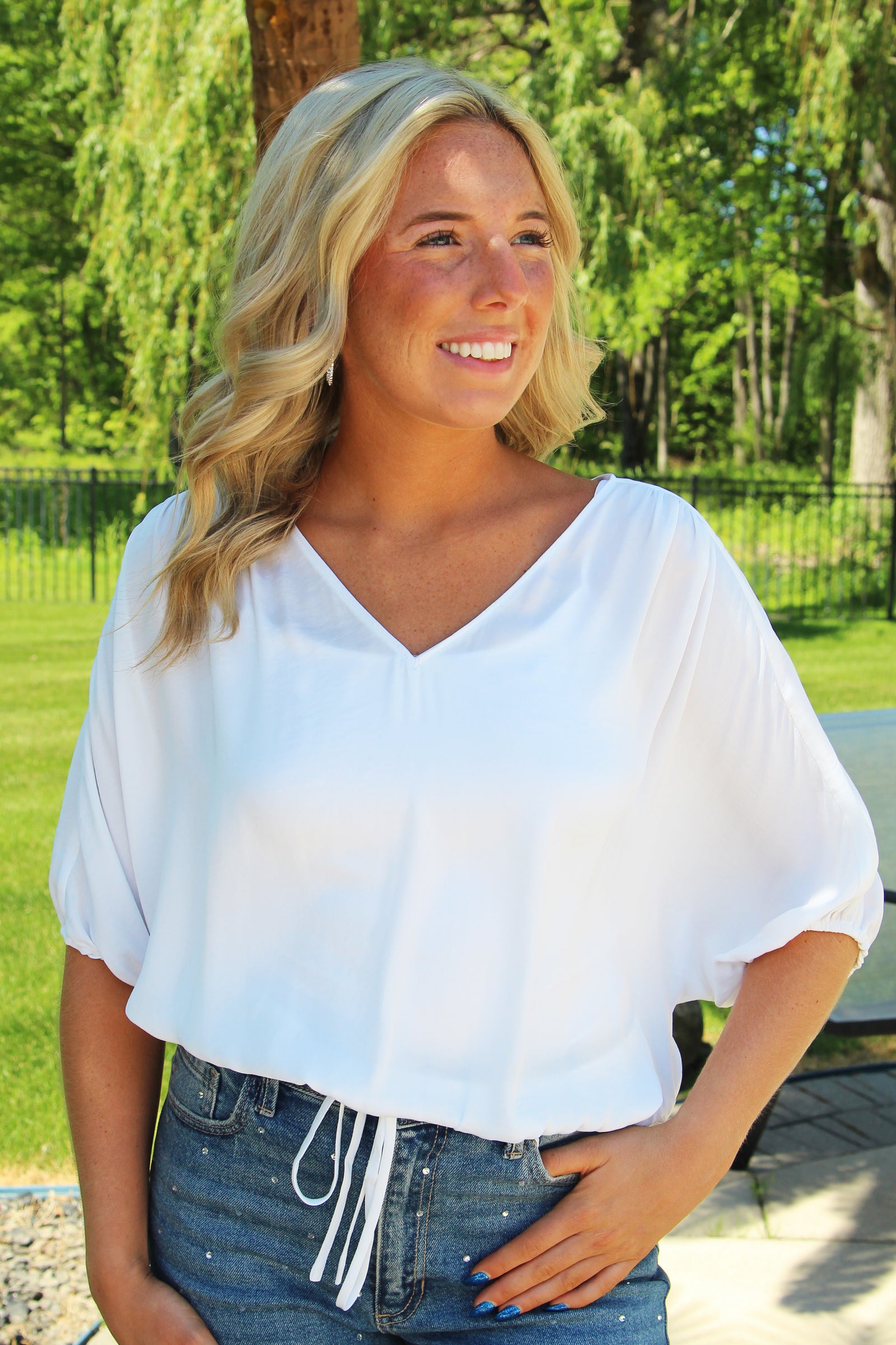 V-Neck Front & Back Cropped Drawstring Top