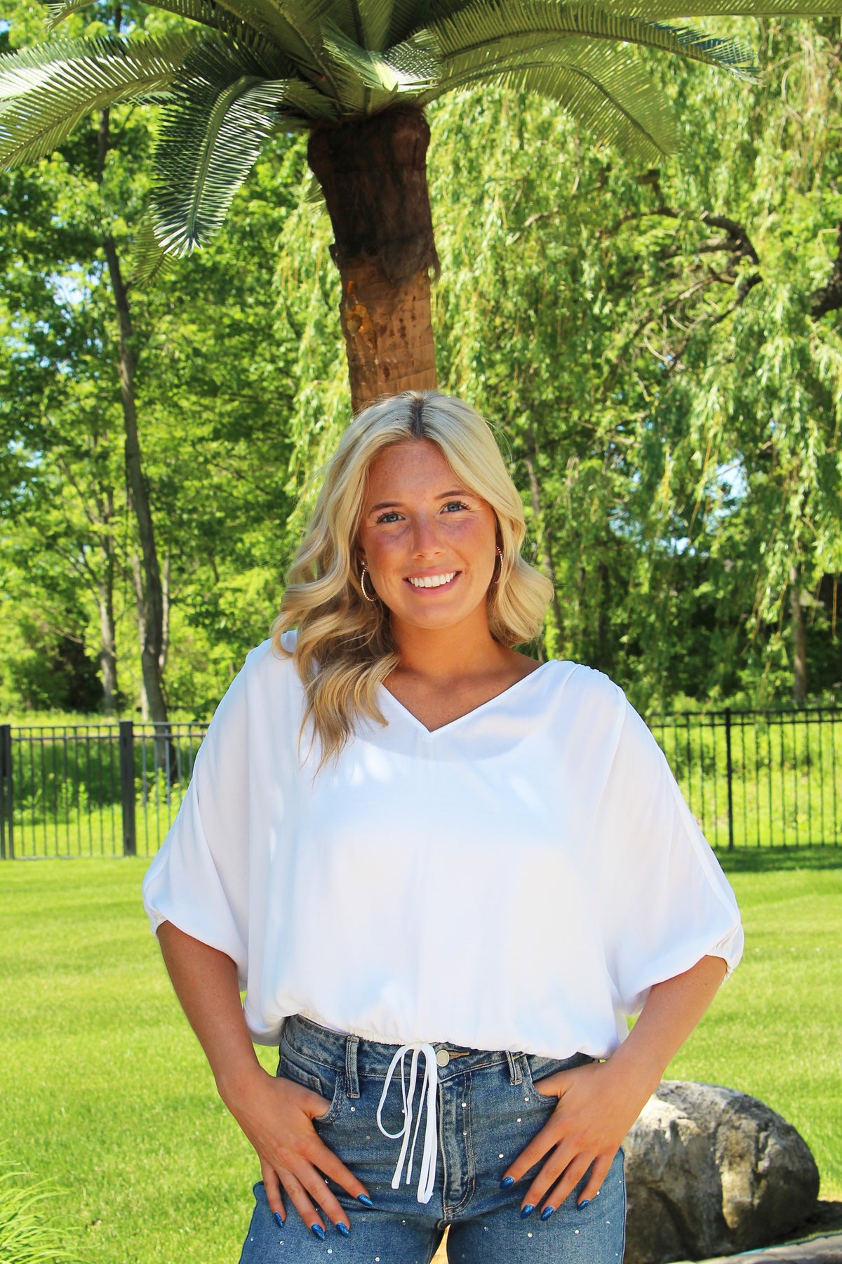 V-Neck Front & Back Cropped Drawstring Top