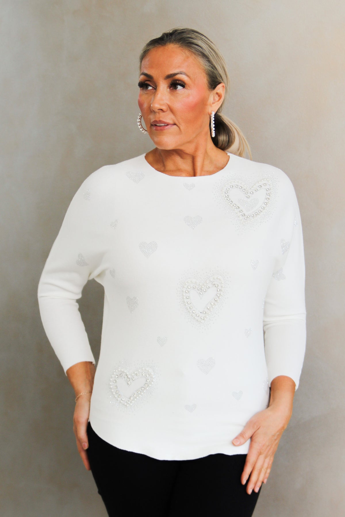 Long Sleeve Pearl &amp; Rhinestone Accent Heart Fitted Knit Top