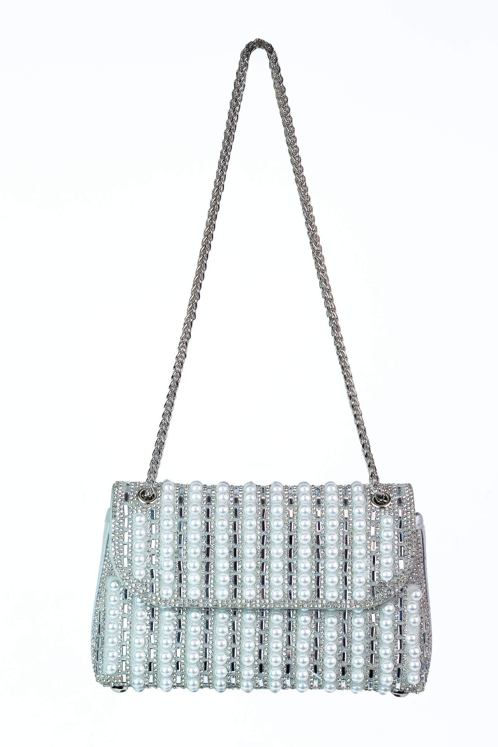 Striped Rhinestone & Pearl Envelope Crossbody Purse