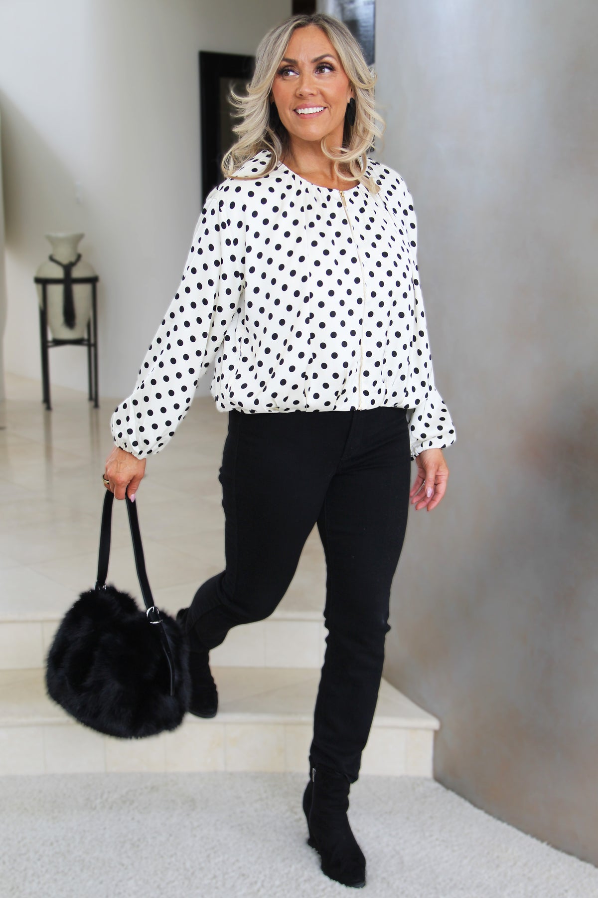 Long Sleeve Satin Polka Dot Zip Up Jacket