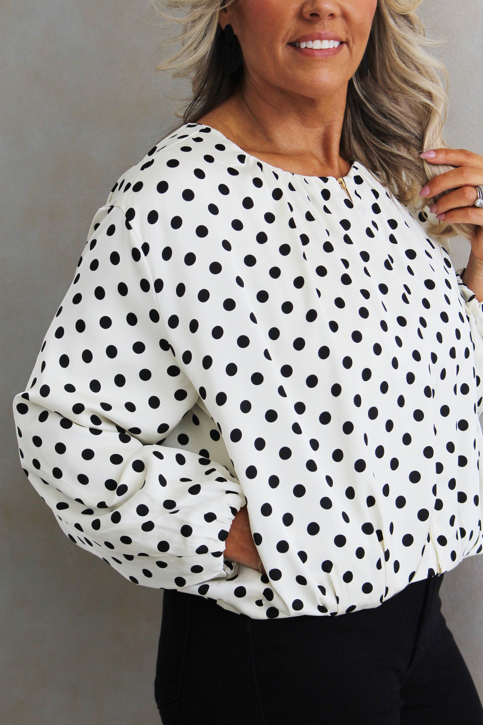 Long Sleeve Satin Polka Dot Zip Up Jacket
