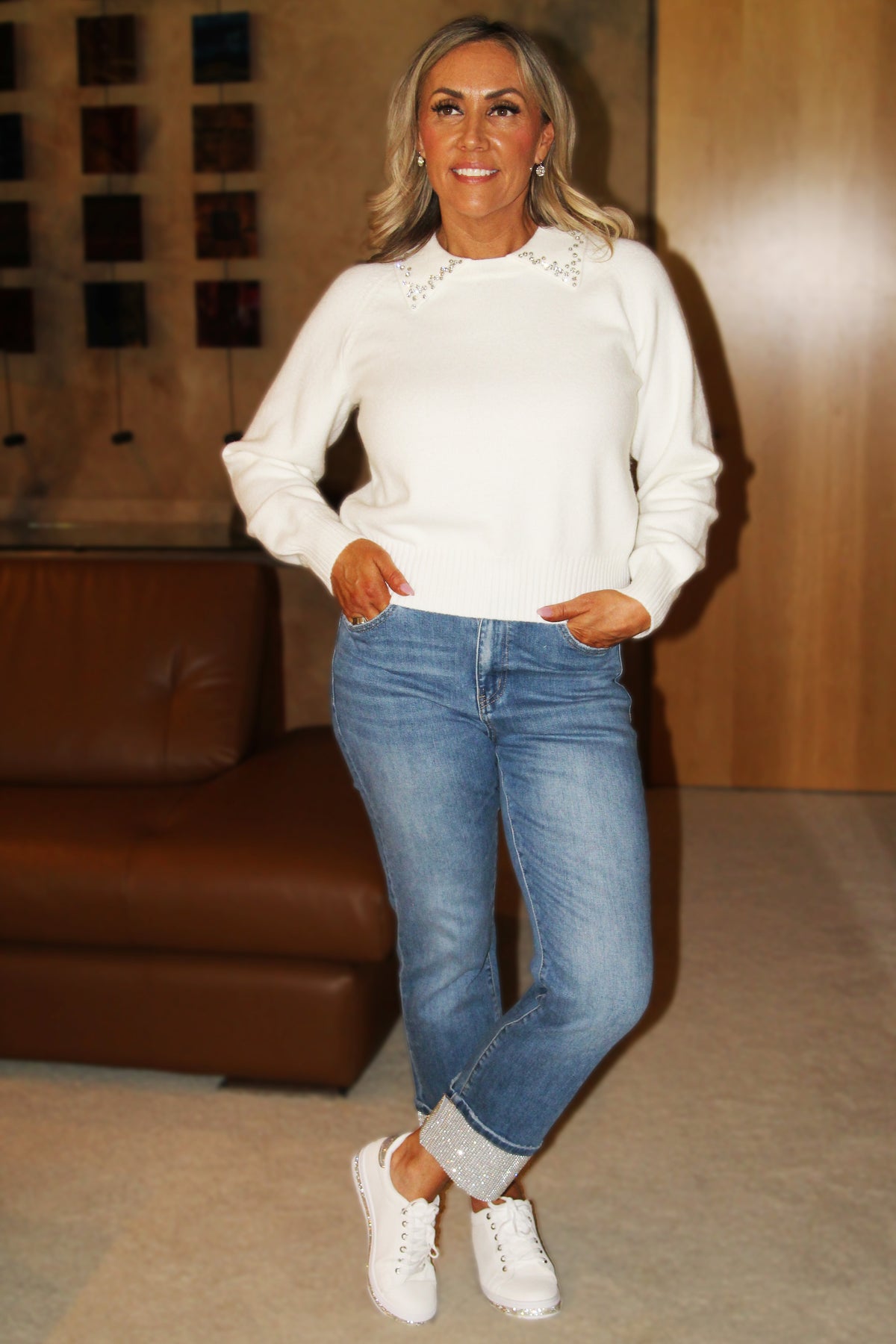 Pullover Sweater w/ Rhinestone Collar Accents