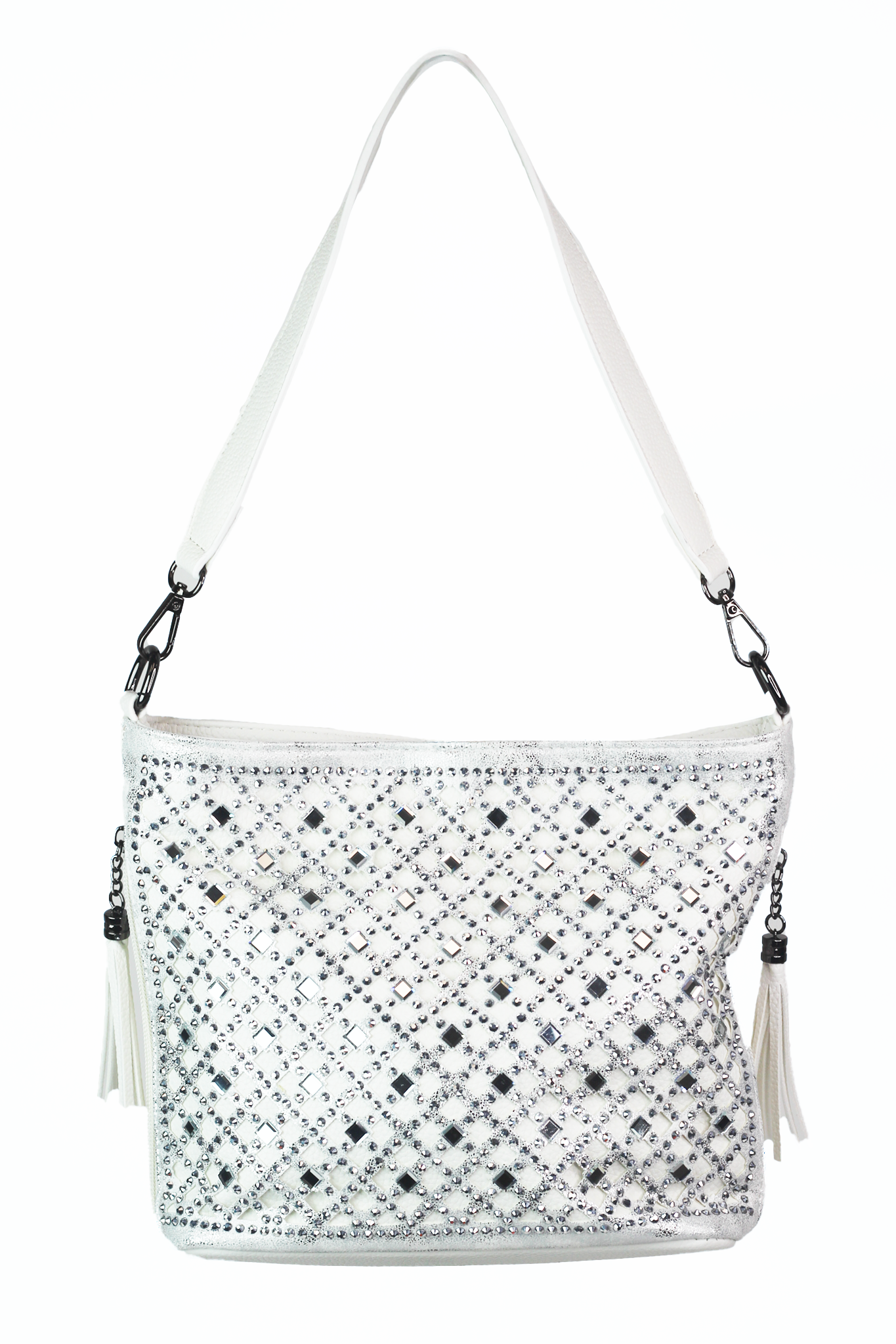 Diamond Shaped Cutouts & Mirror Rhinestone Handbag w/ Tassels