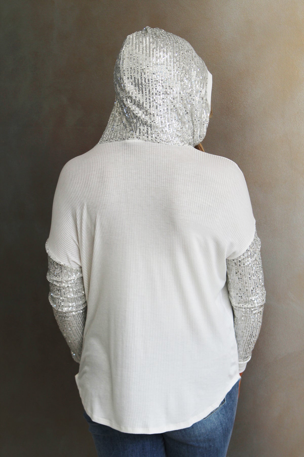Sequin Long Sleeve Hoodie Top W/ Front Pocket