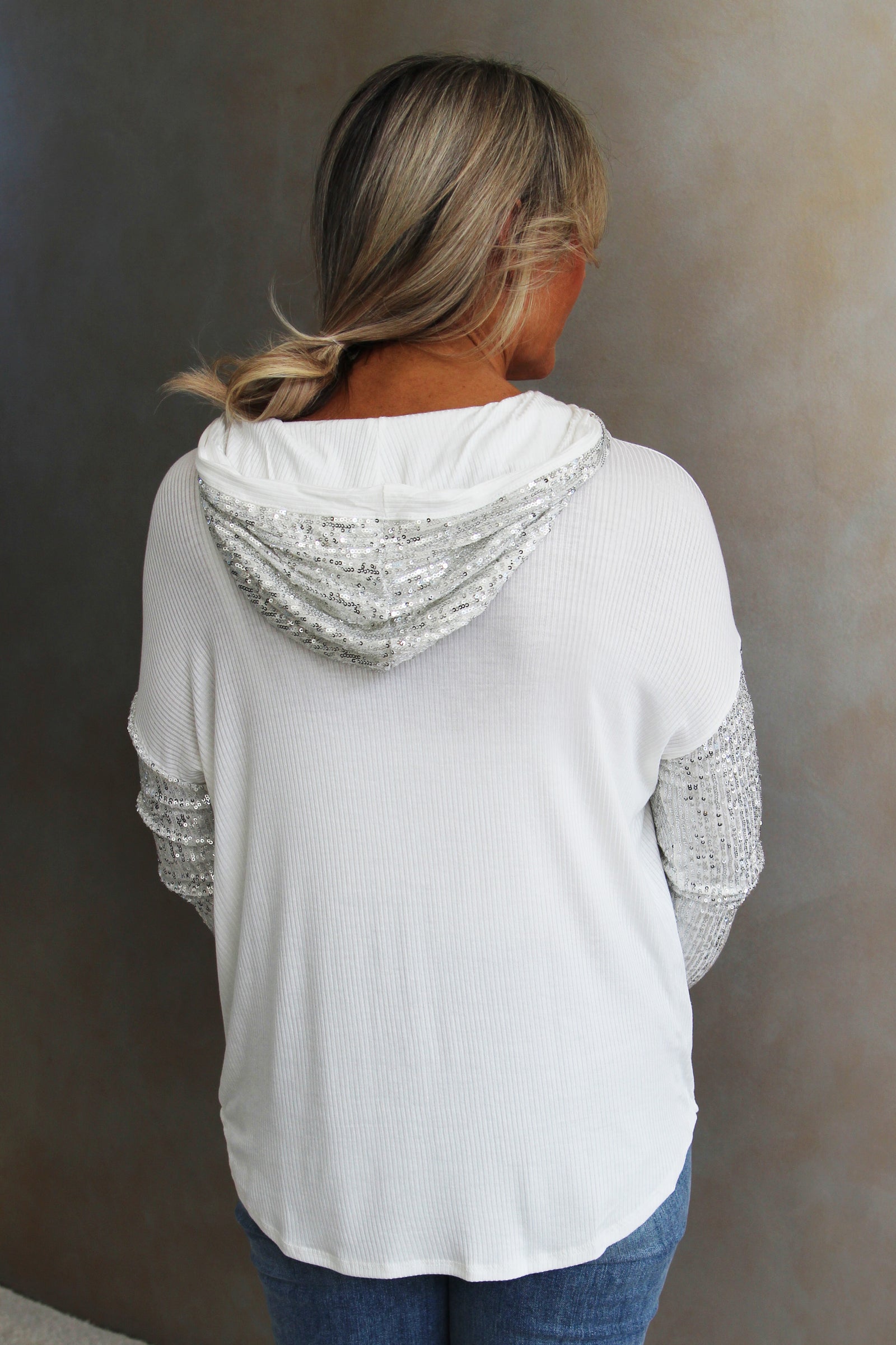 Sequin Long Sleeve Hoodie Top W/ Front Pocket