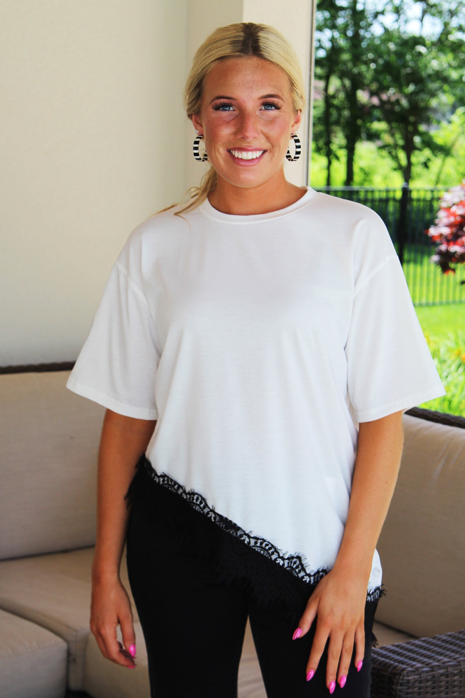 Short Sleeve T-Shirt w/ Slanted Lace Trim