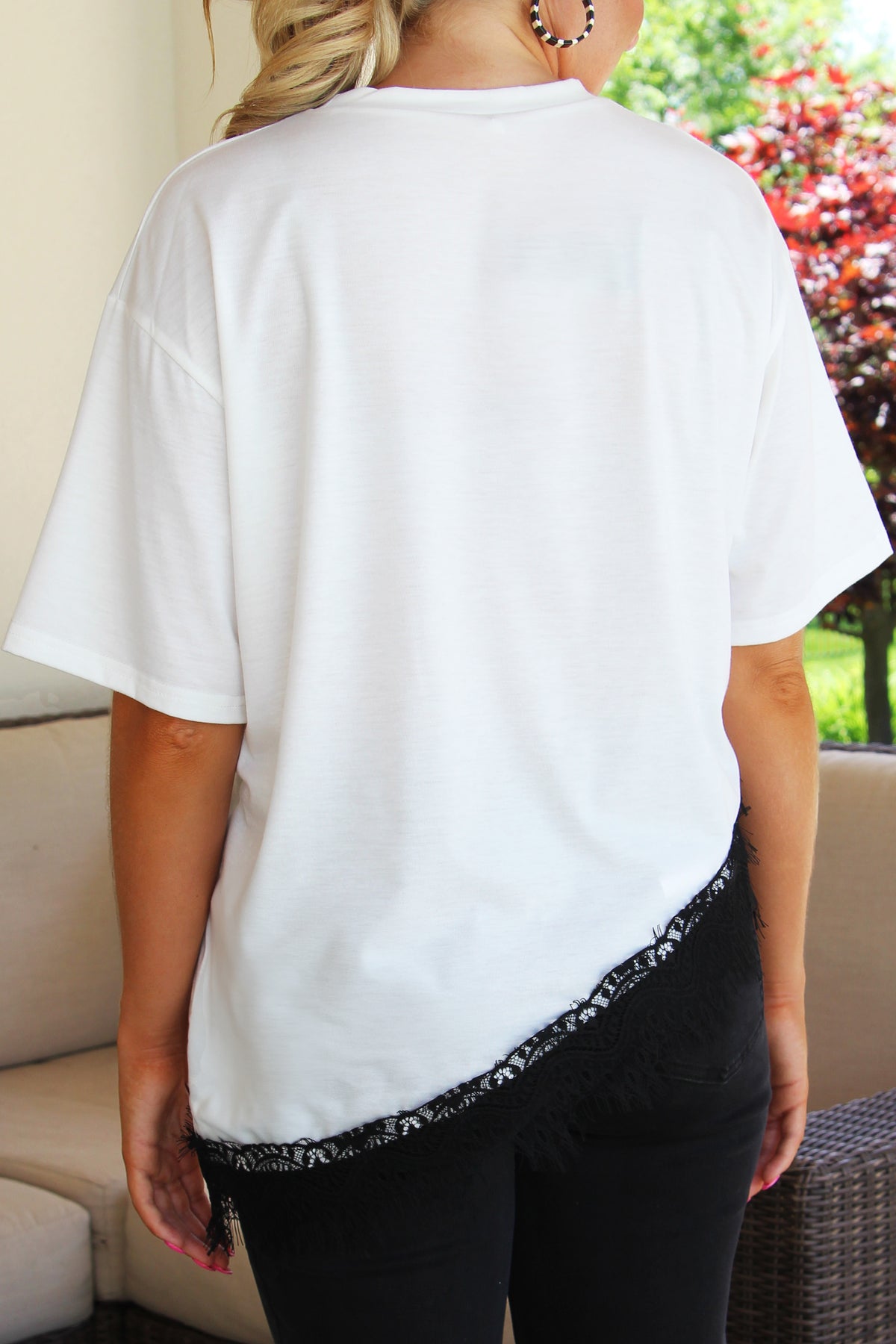 Short Sleeve T-Shirt w/ Slanted Lace Trim