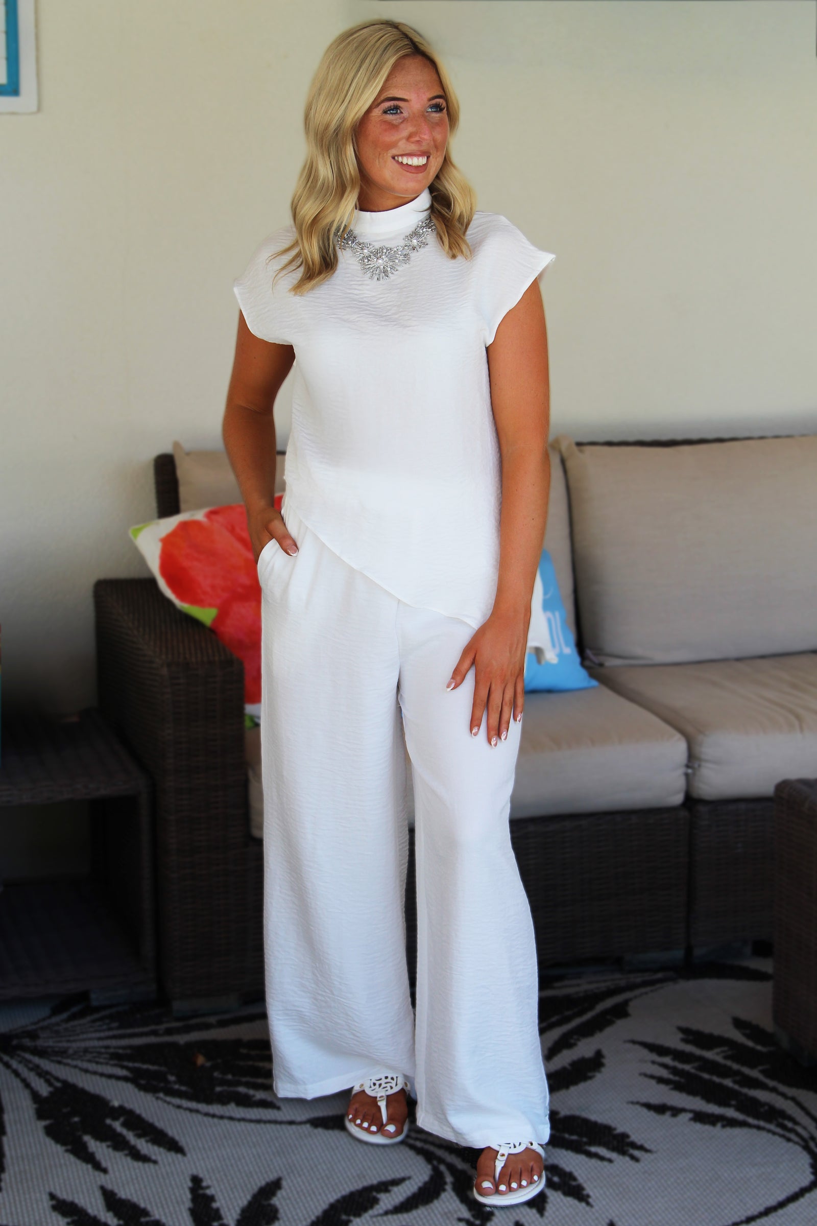Short Sleeve Slanted Top & Wide Leg Pant Set