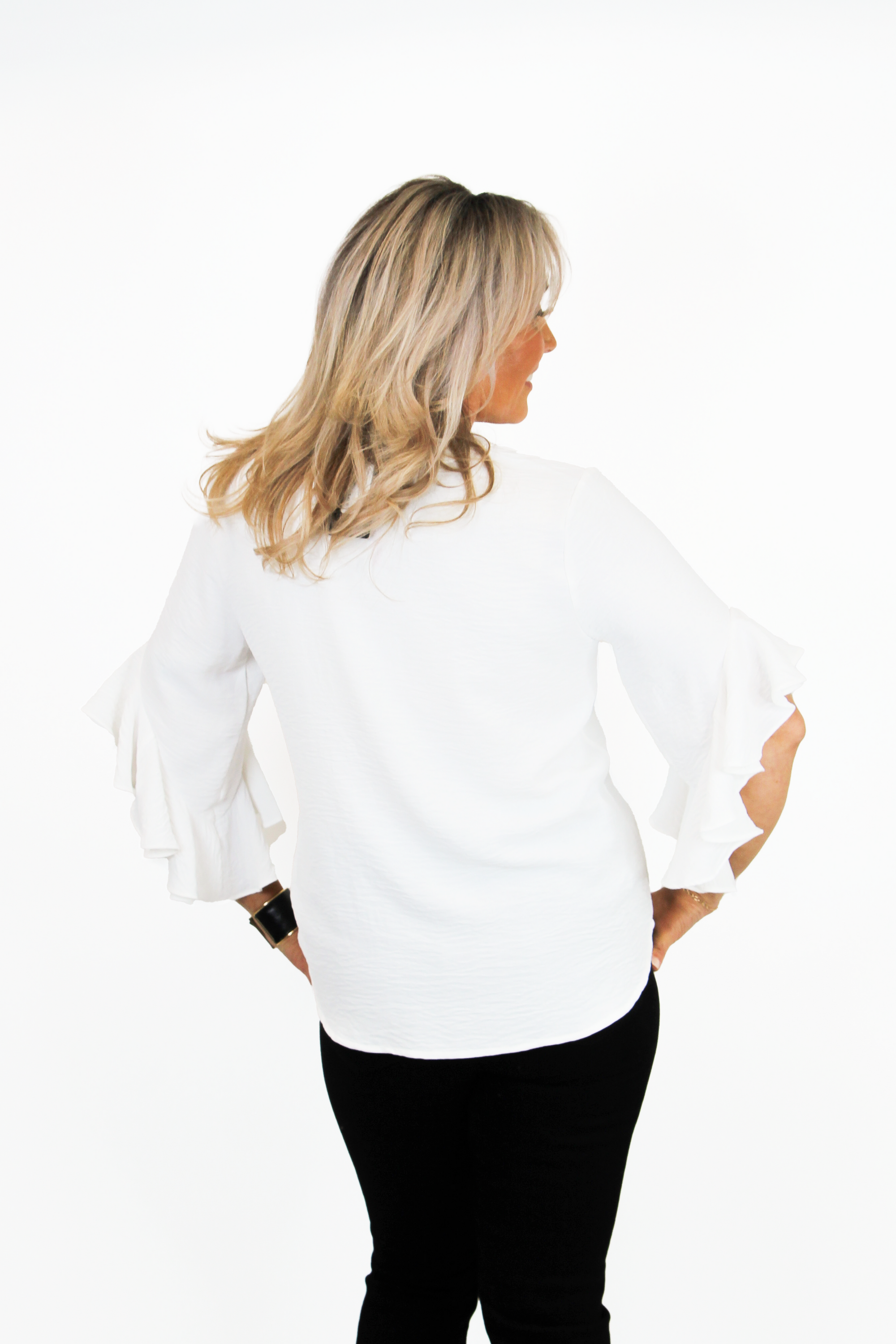 Ruffled Bell Sleeve Front Pleated Top