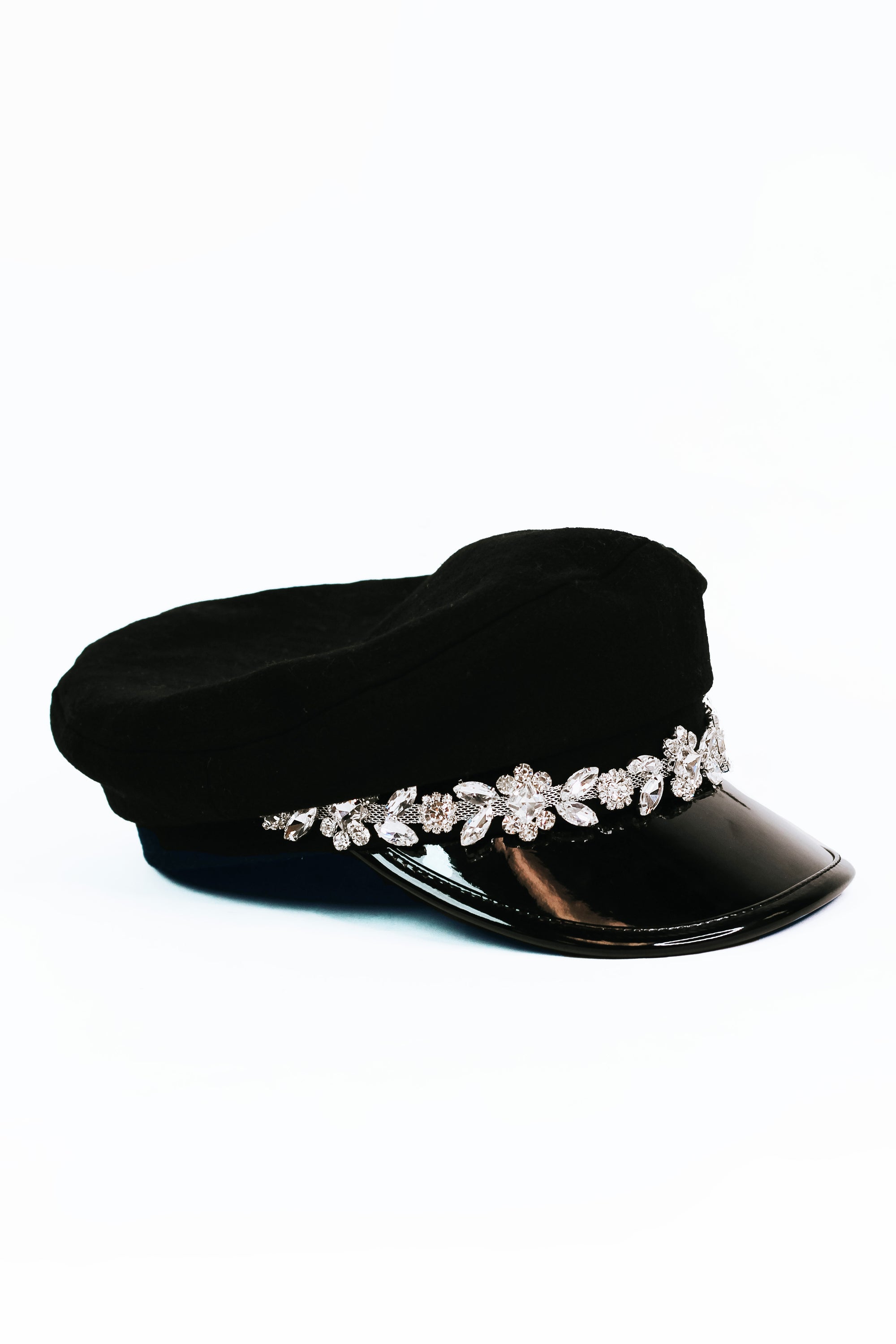 Winter Cap w/ Rhinestone Trim & Patent Brim