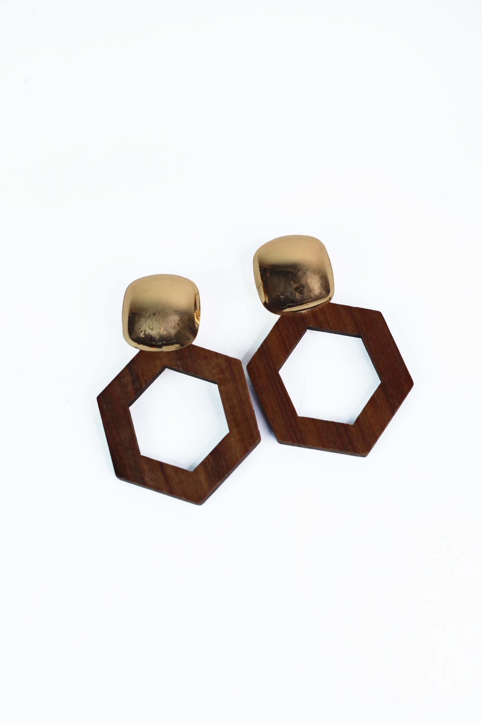 Metal & Wood Hexagon Earrings