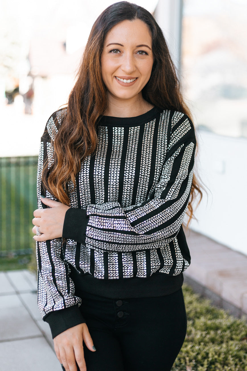 Rhinestone Stripe Round Neck Sweater