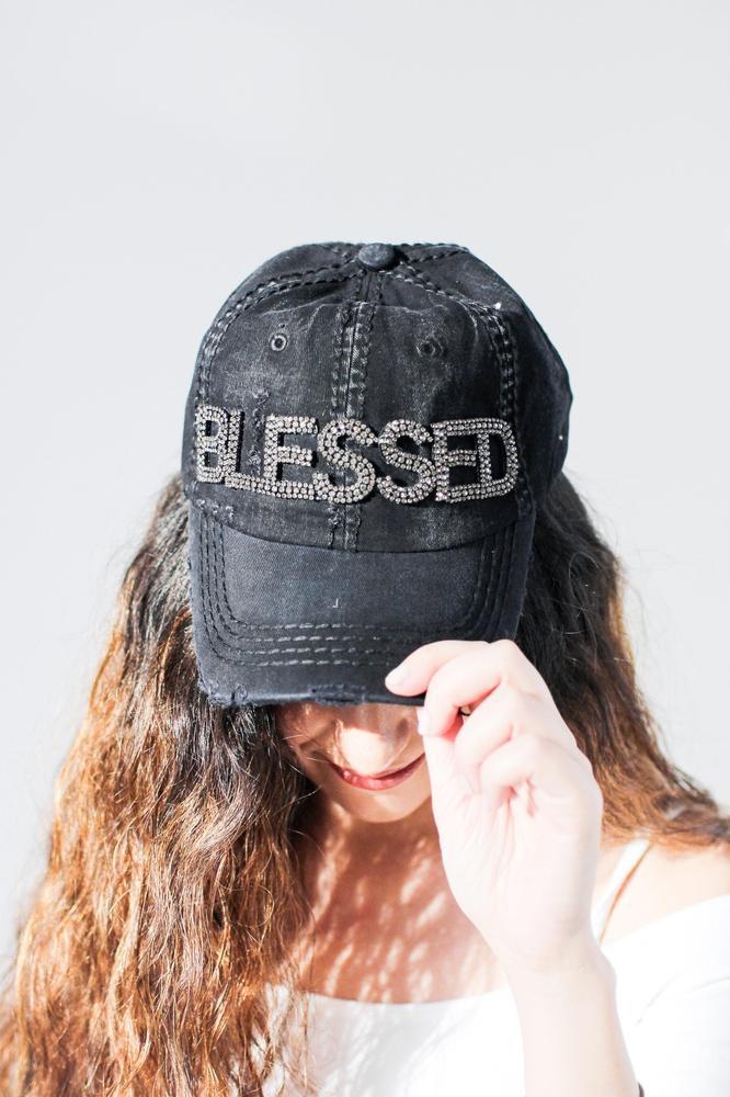 Distressed Rhinestone Blessed Baseball Hat