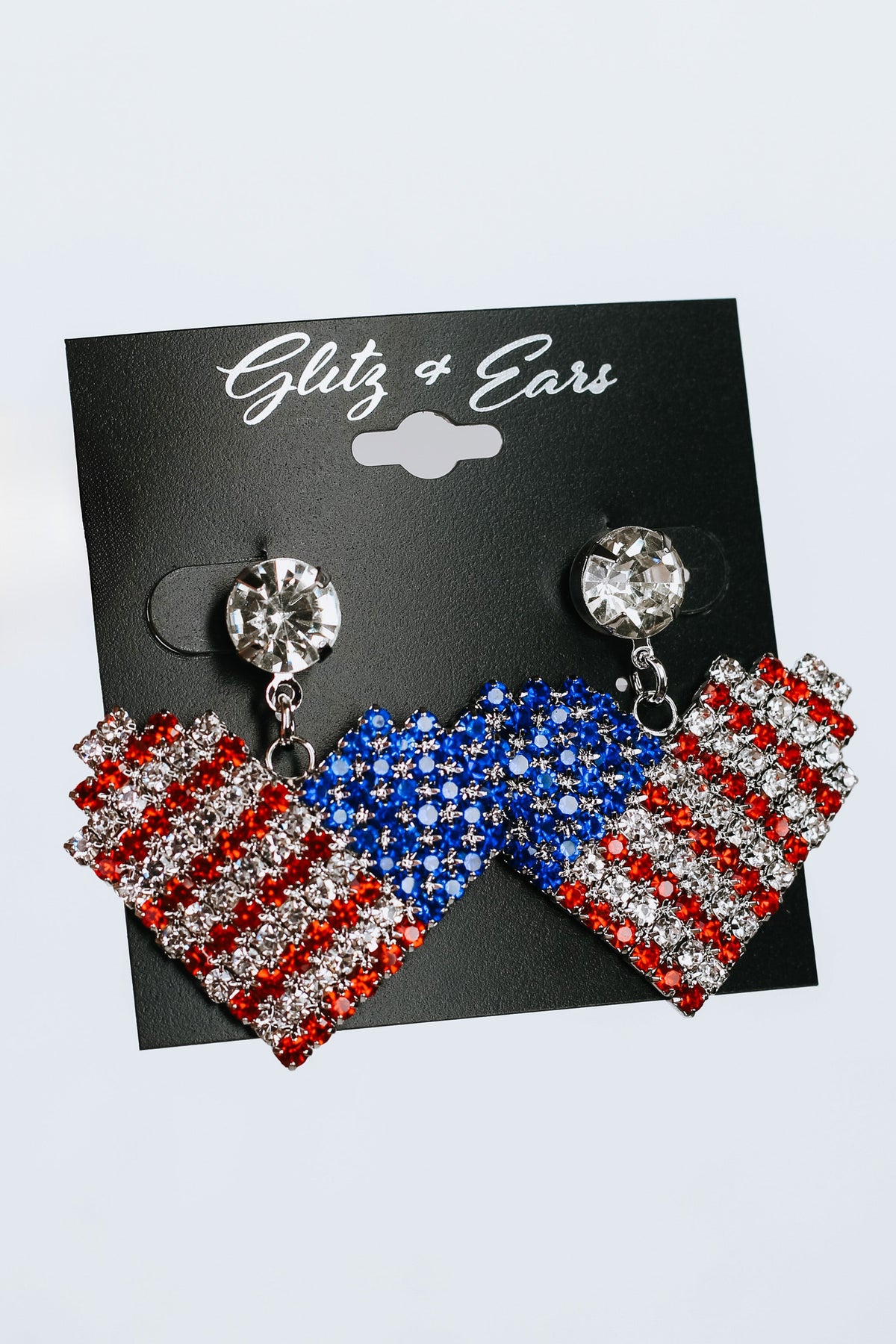 Round Stone &amp; Large Rhinestone USA Flag Heart Dangling Earrings