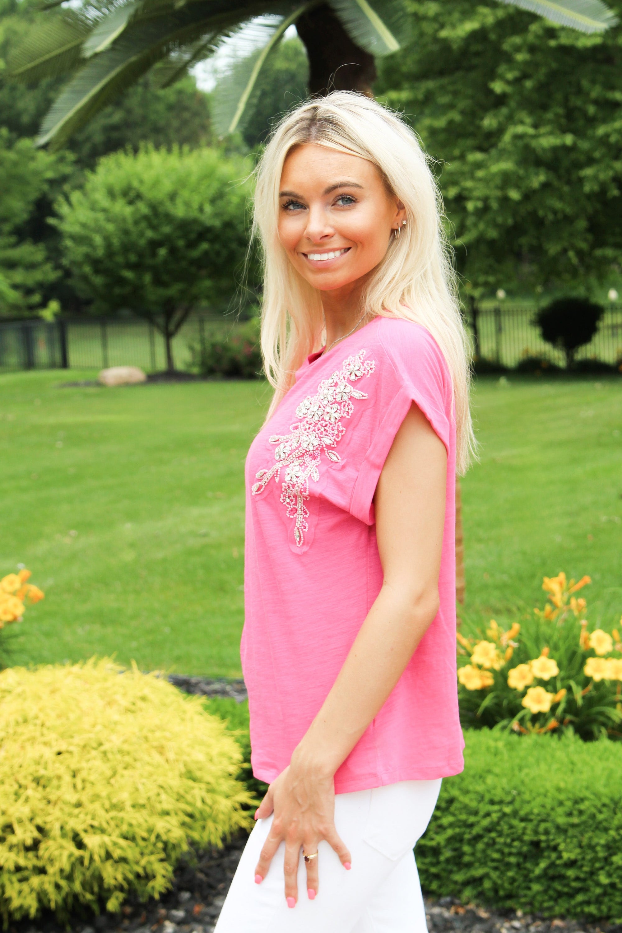 Rhinestone & Beaded Rounded Neck Cotton Tee