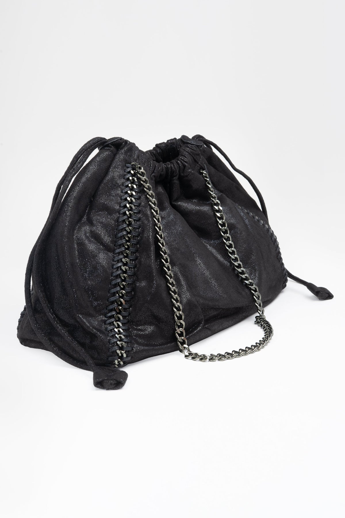 Shimmery Drawstring Hobo Bag with Chain Straps