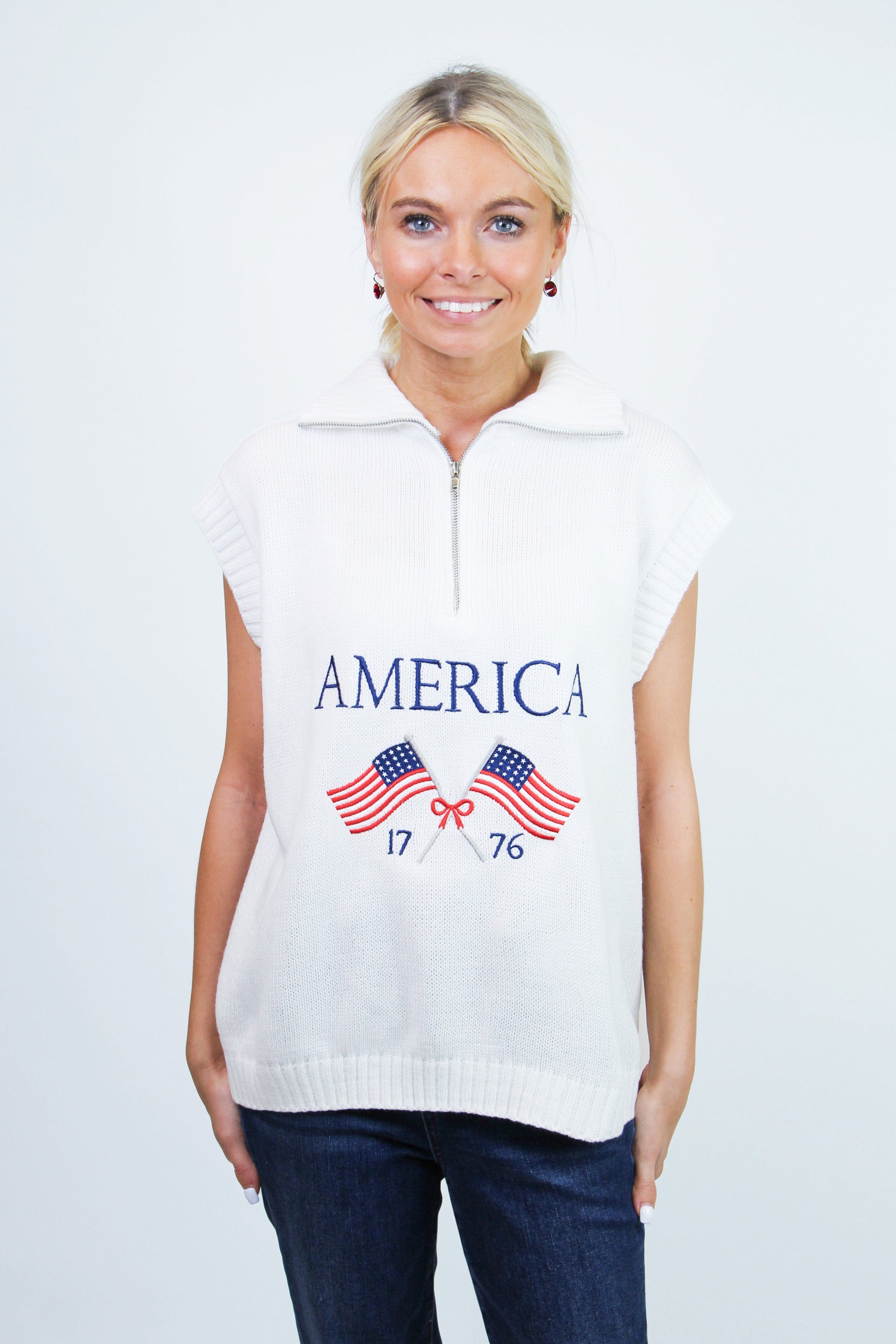 American Flag Sleeveless Half Zip Sweater Knit Top(SALE)
