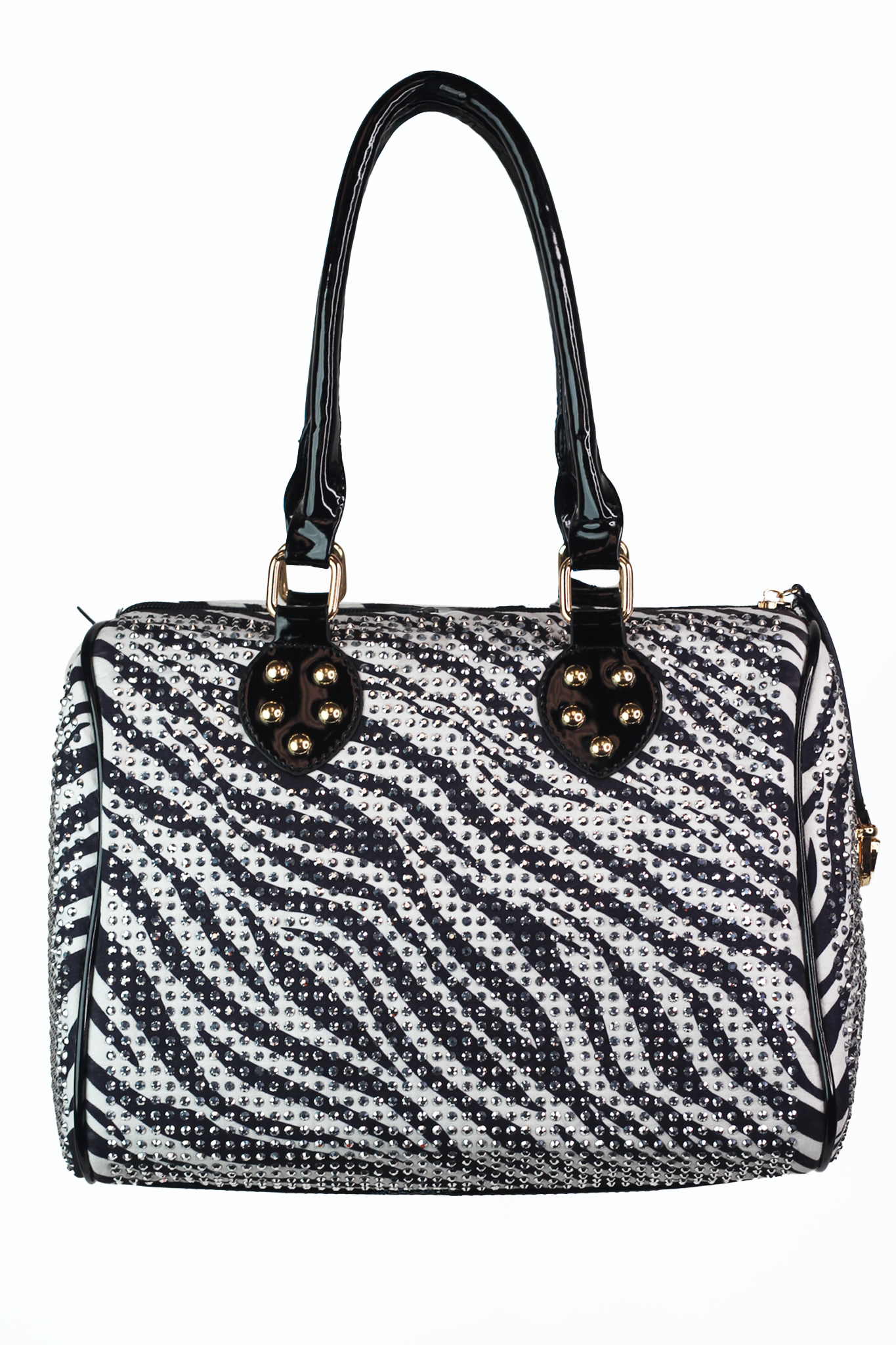 All Over Rhinestone Duffle Purse w/ Faux Patent Leather Accents