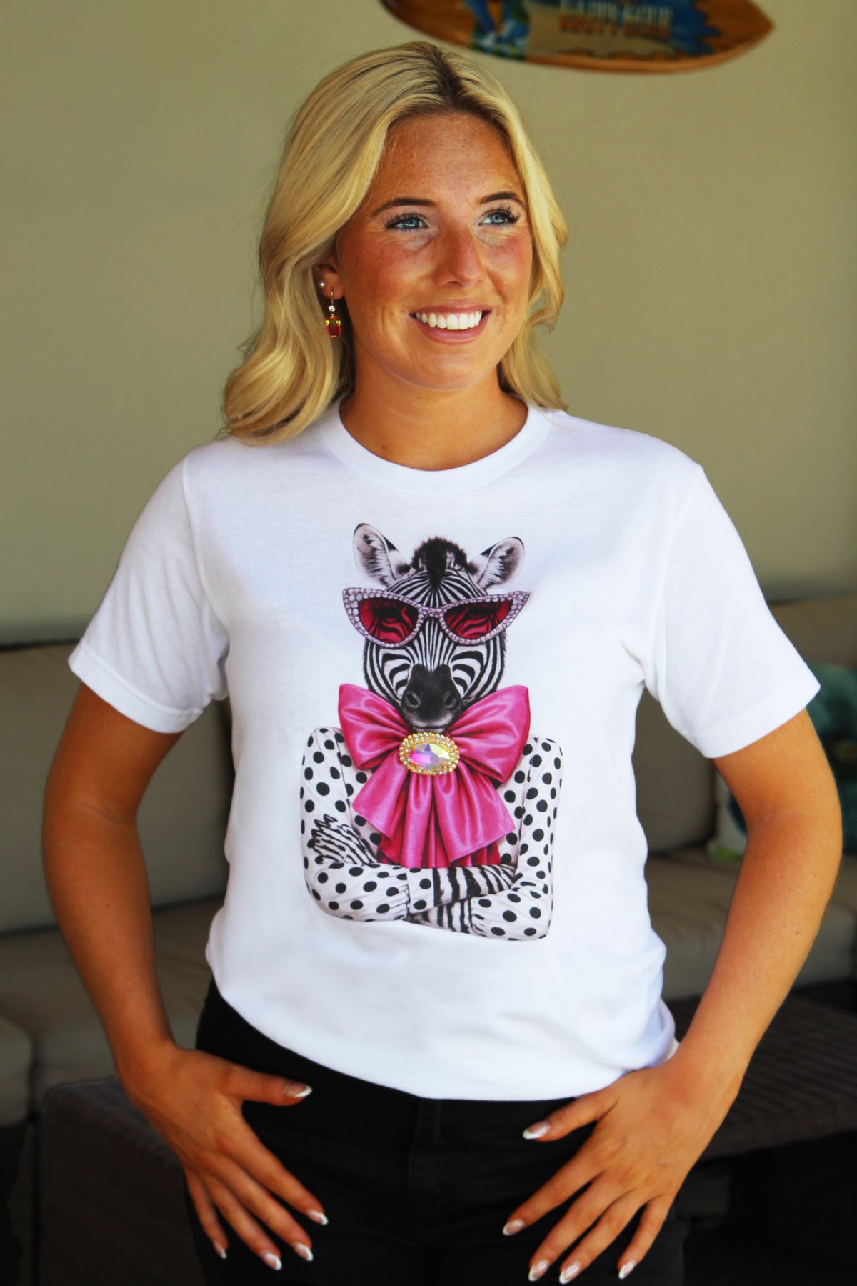 Zebra Wearing Sunglasses & Pink Bow w/ Rhinestone Brooch T-Shirt