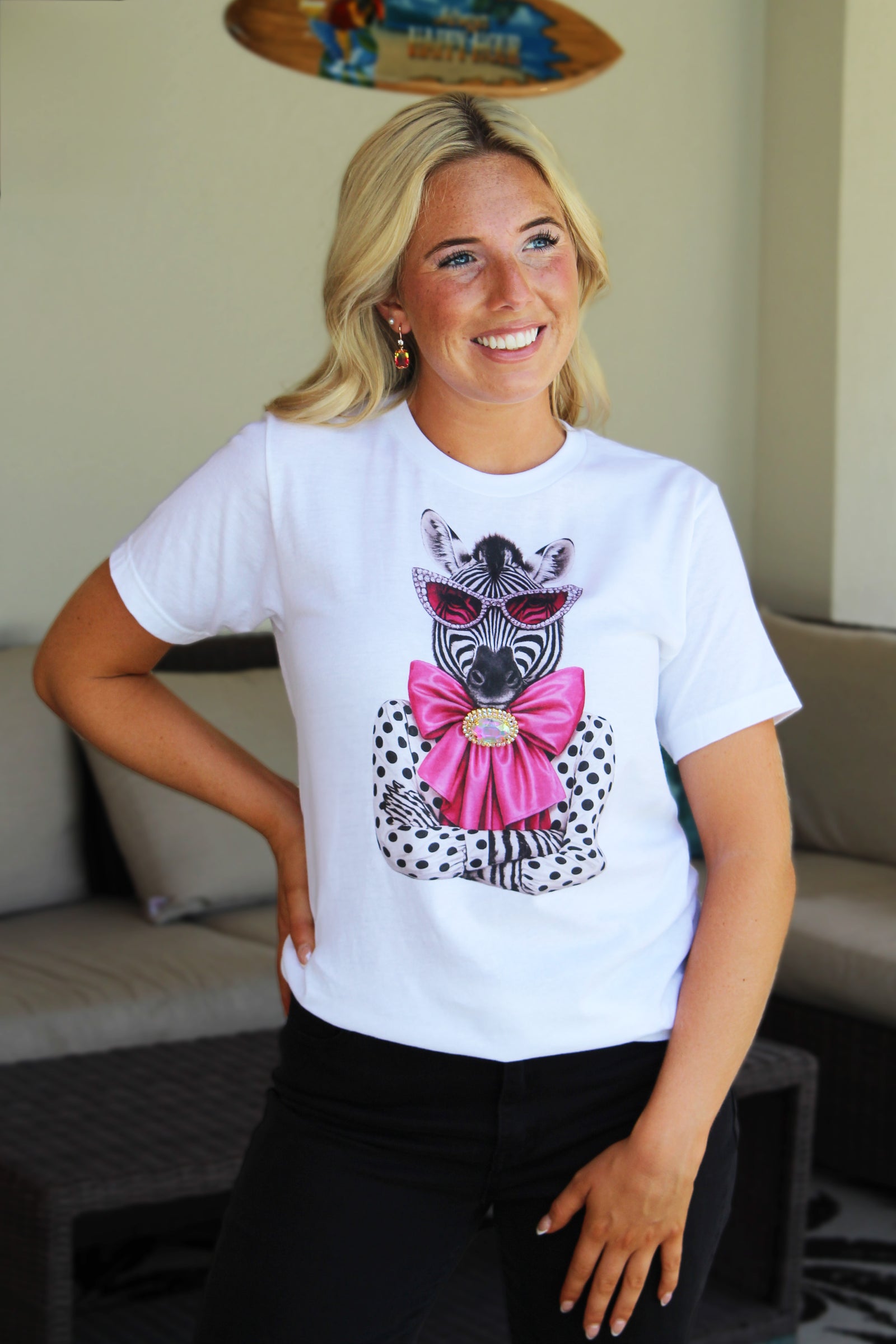 Zebra Wearing Sunglasses & Pink Bow w/ Rhinestone Brooch T-Shirt