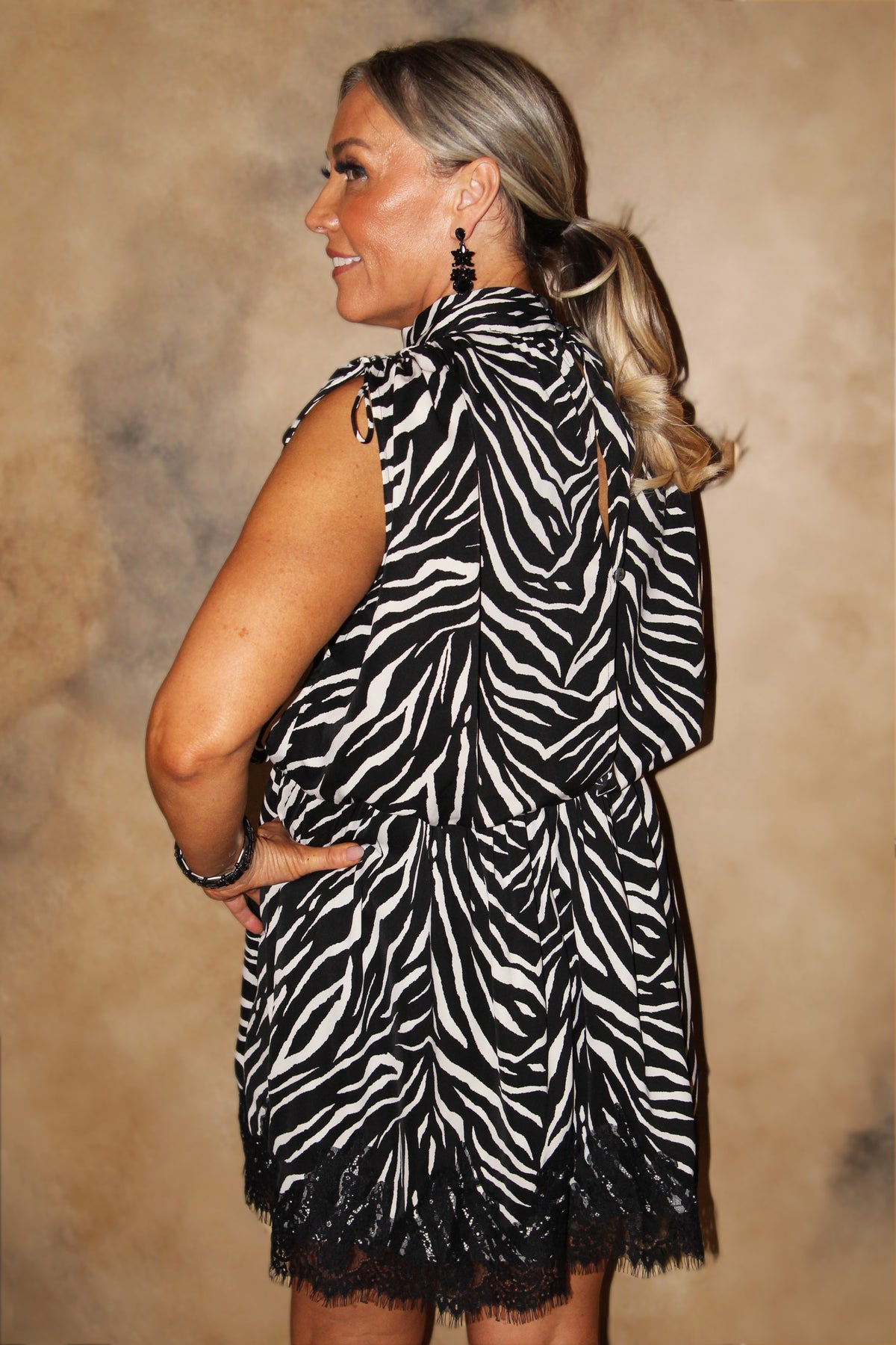 Zebra Dress w/ Drawstring Shoulders & Lace Hem