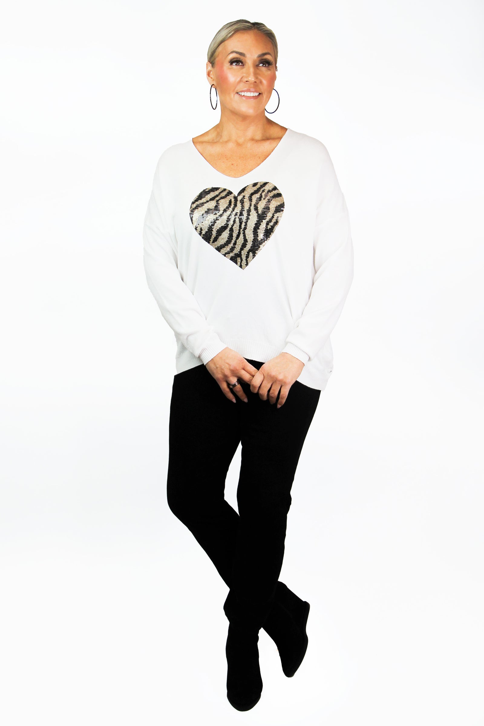 V-Neck Sweater w/ Tiger Print Sequin Heart Detail