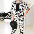 Zebra Print Collared V-Neck Button Down Top & Straight Leg Pants Set