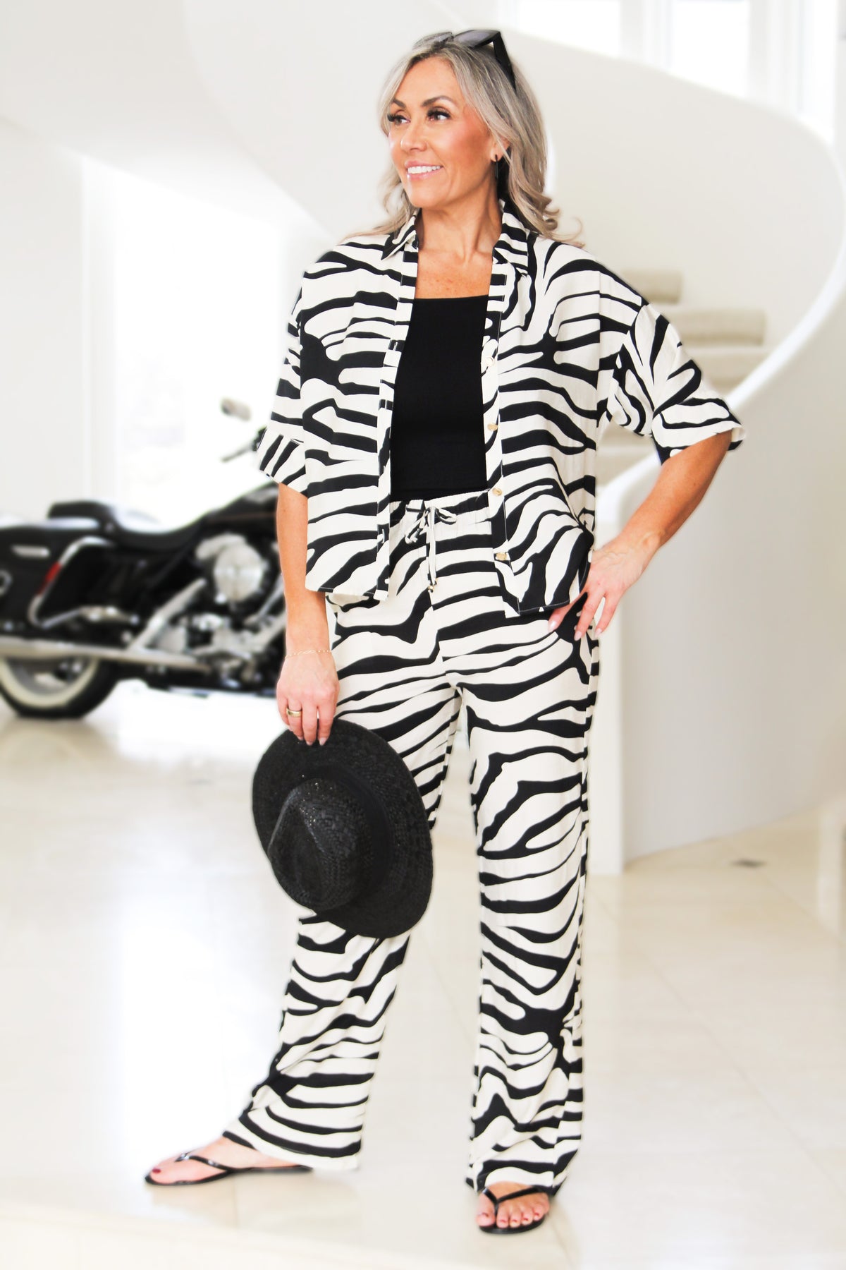 Zebra Print Collared V-Neck Button Down Top & Straight Leg Pants Set