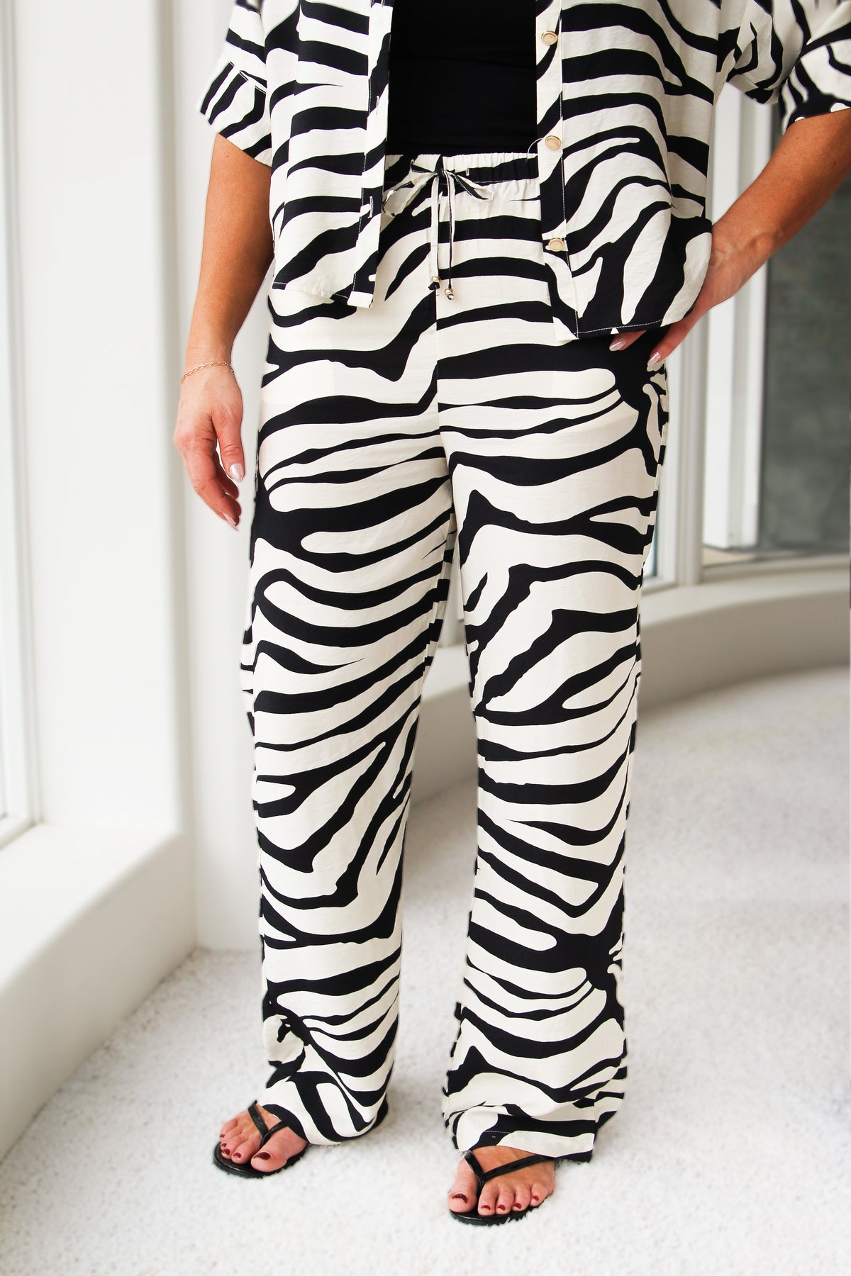 Zebra Print Collared V-Neck Button Down Top & Straight Leg Pants Set
