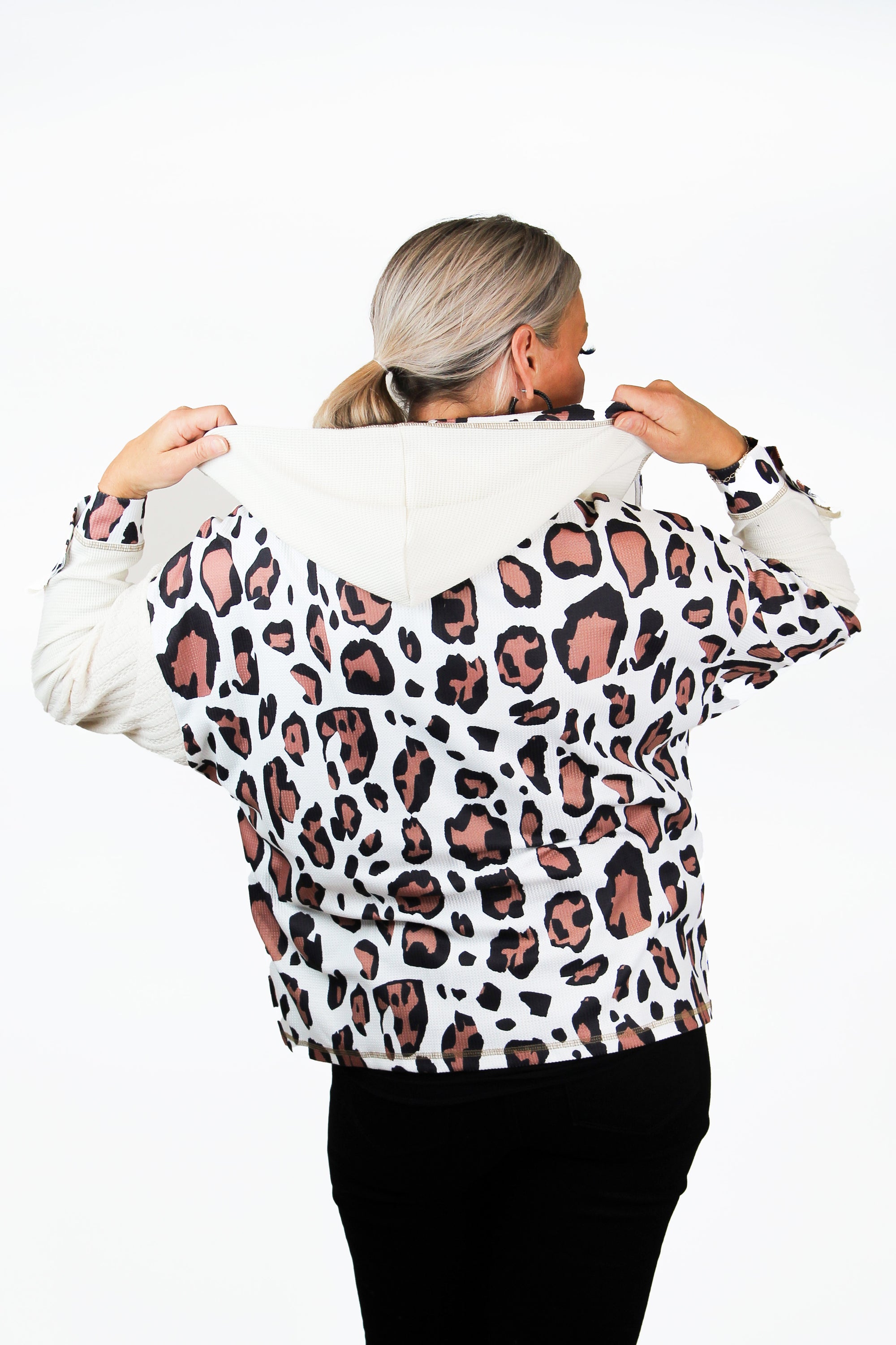 Leopard Print Mixed Texture Patchwork Zip Up Hoodie (SALE)