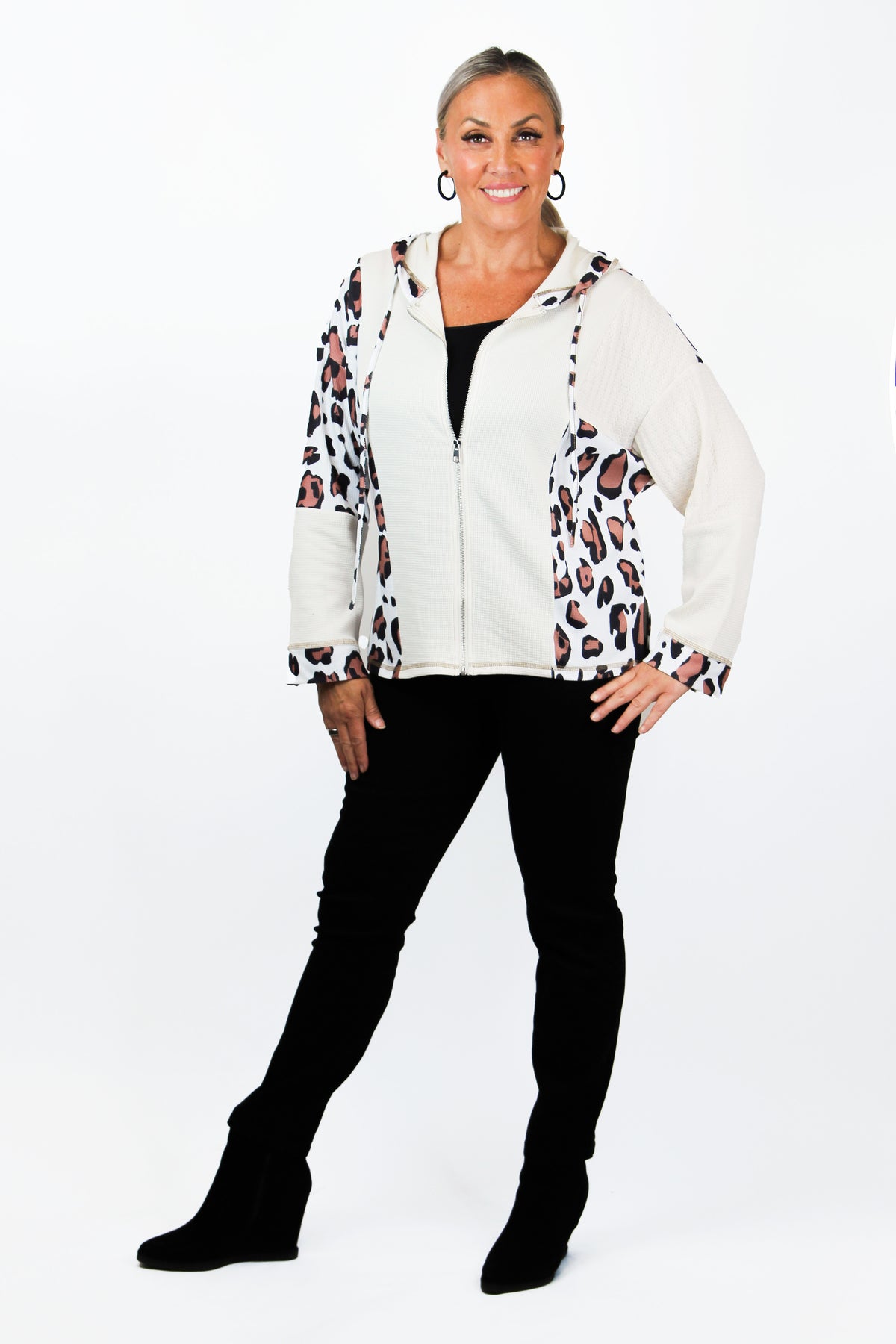 Leopard Print Mixed Texture Patchwork Zip Up Hoodie (SALE)