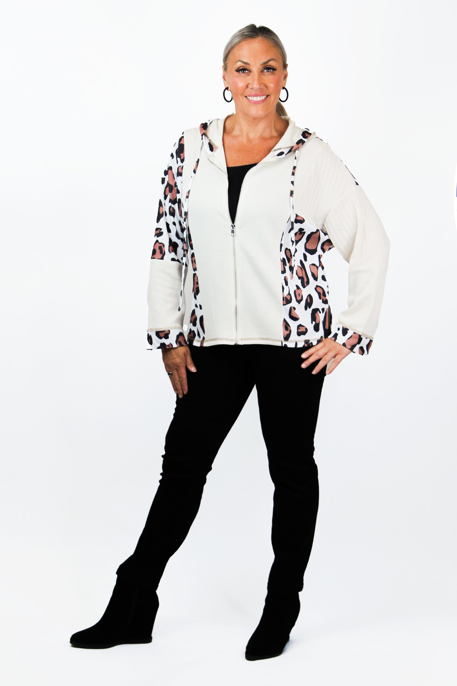 Leopard Print Mixed Texture Patchwork Zip Up Hoodie (SALE)