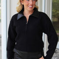 Long Sleeve Zip Up Sweater Cardigan w/ Faux Leather Collar