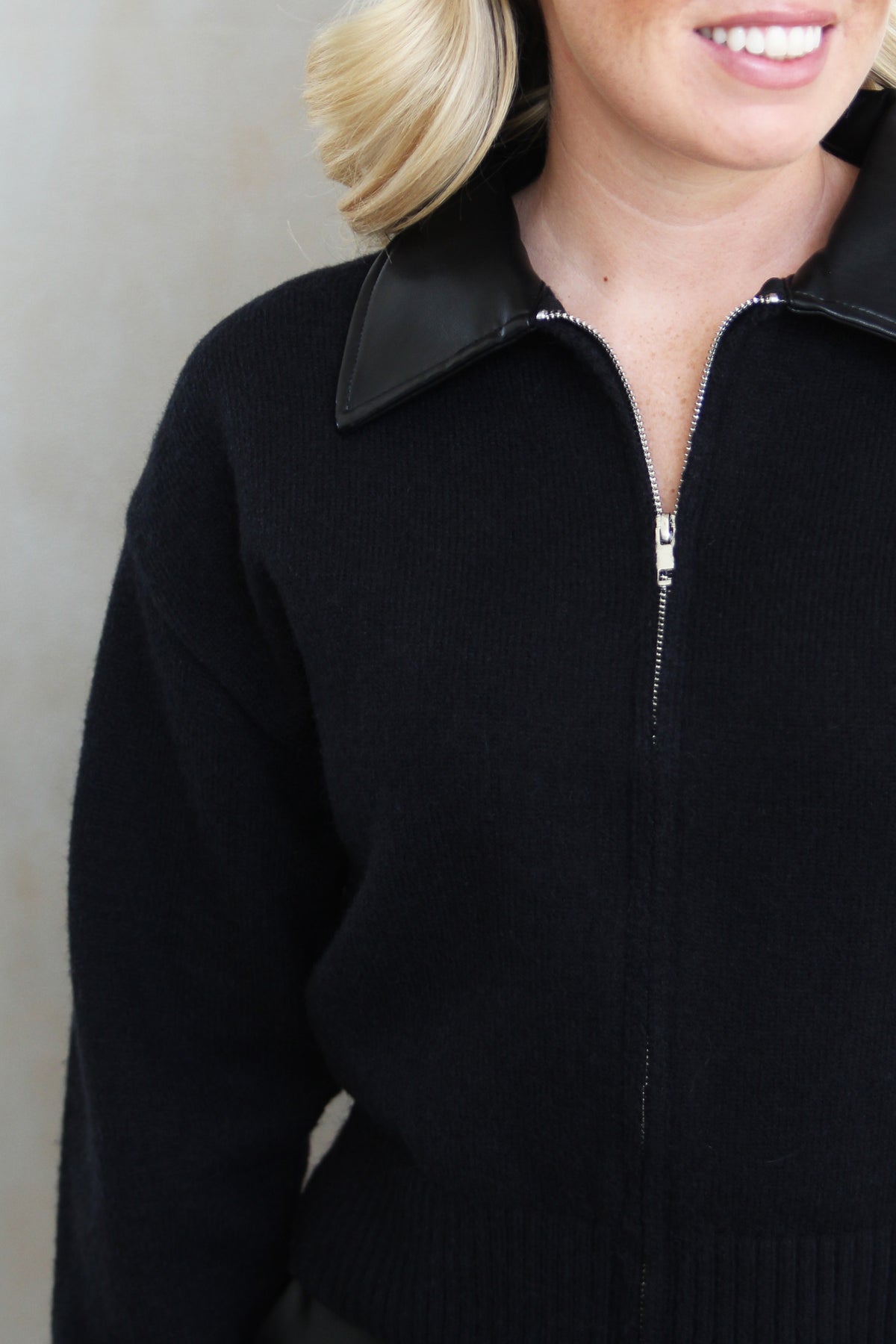 Long Sleeve Zip Up Sweater Cardigan w/ Faux Leather Collar