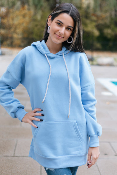 Rhinestone String Short Hooded Sweatshirt, Teal / Medium