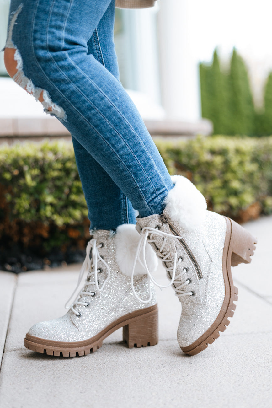 Lace Up All Shimmer Side Zipper Fur Back Combat Boot