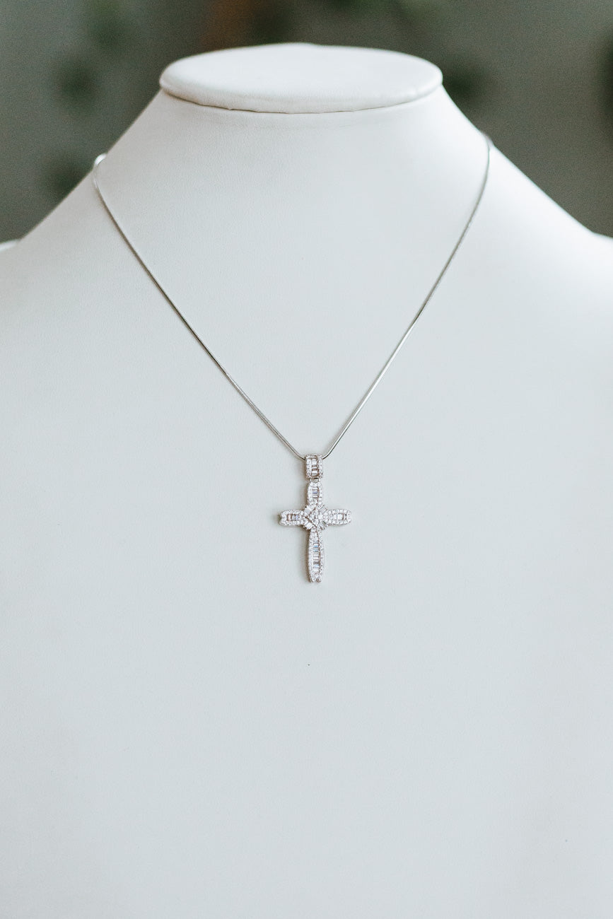 Pave Trim Baguette Heart Stone Middle Cross Necklace