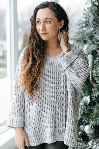 Cuffed Sleeve Round Neck Chenille Cable Knit Sweater