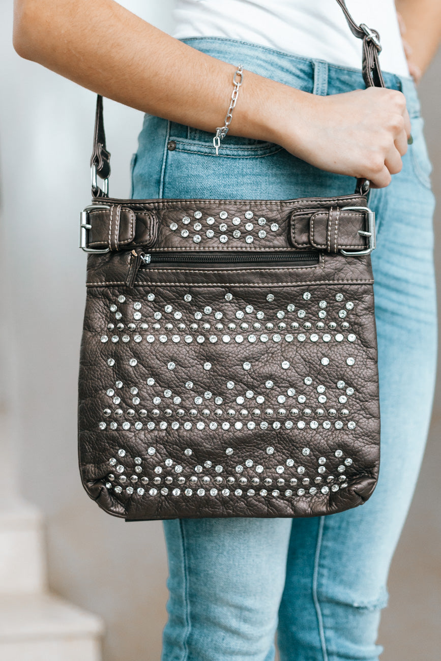 Rhinestone Studded Faux Leather Crossbody