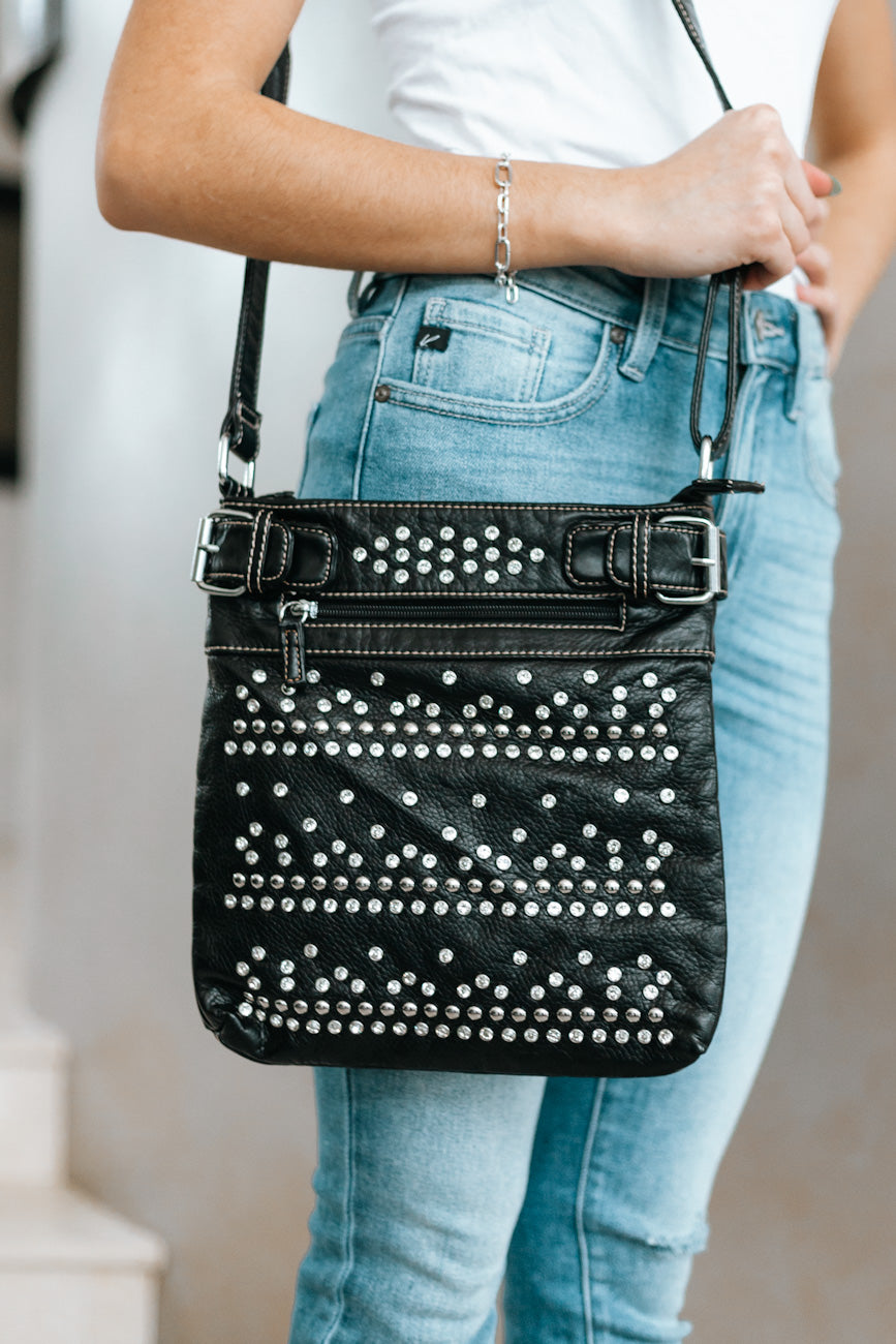 Rhinestone Studded Faux Leather Crossbody