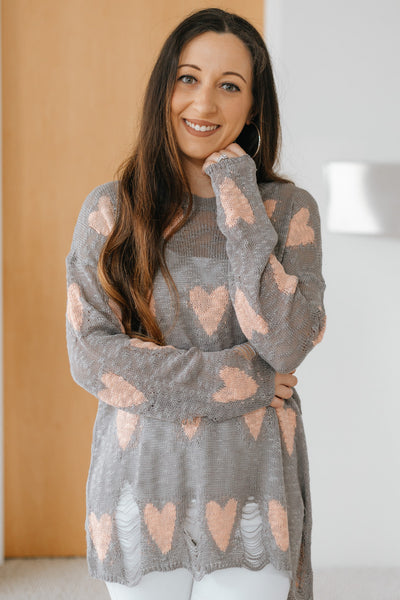 All Over Heart Knit Distressed Sweater(SALE)