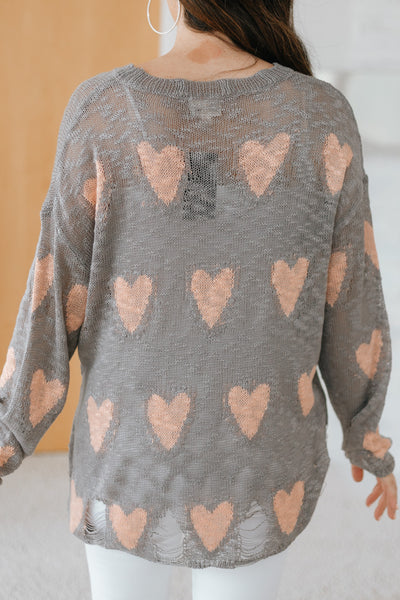 All Over Heart Knit Distressed Sweater(SALE)