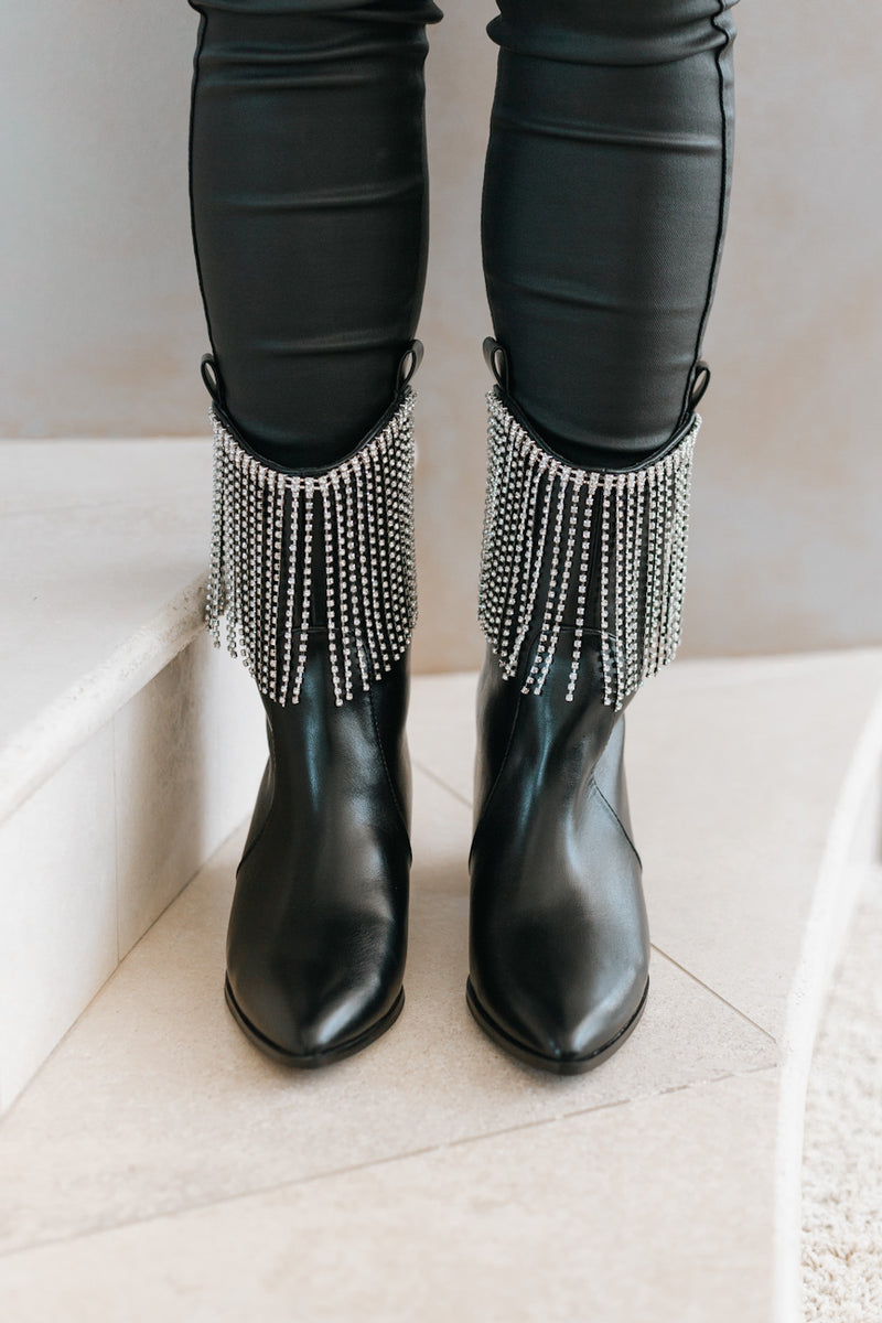 Fringe Rhinestone Low Ankle Heel Boot