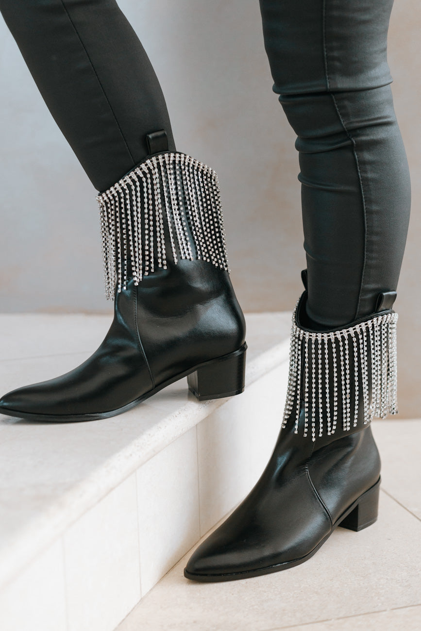 Fringe Rhinestone Low Ankle Heel Boot