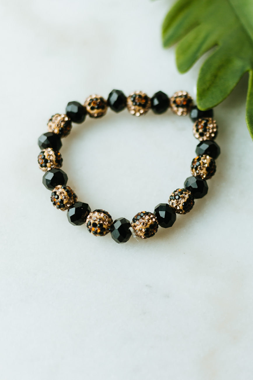 Alternating Beads Solid & Leopard Rhinestone Bracelet