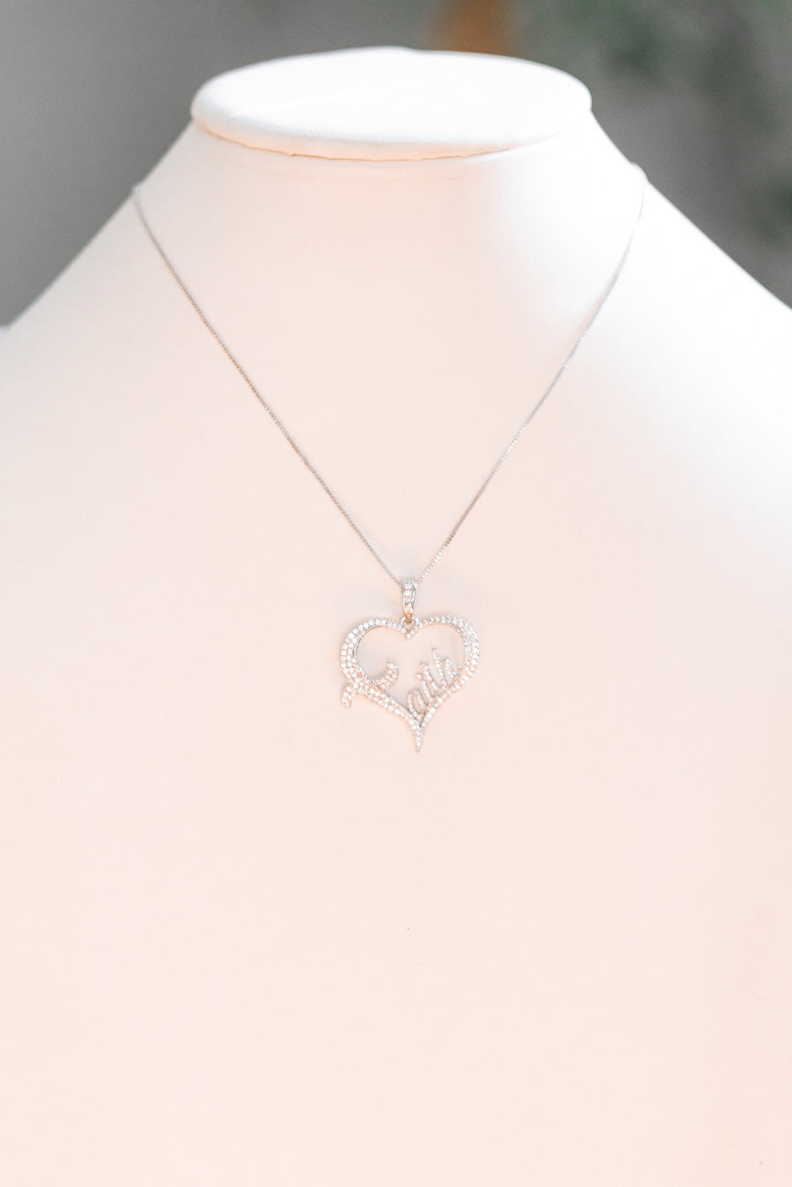 Open Rhinestone Heart Faith Written Necklace