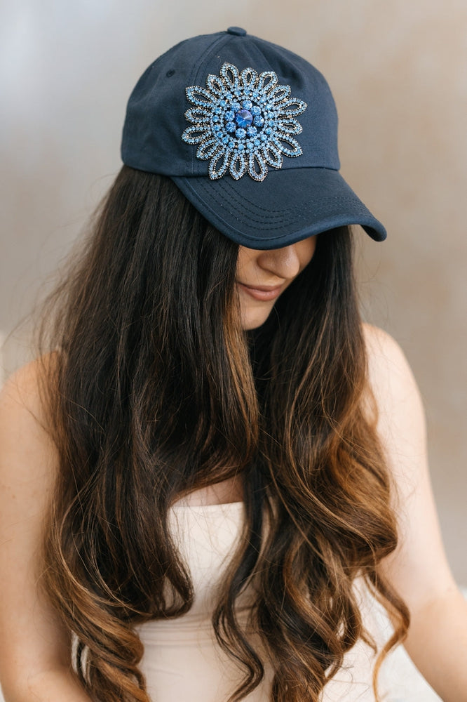 Distressed Rhinestone Flower Baseball Hat