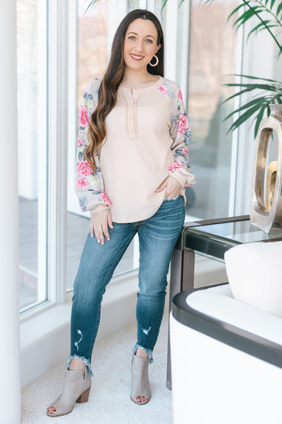 Floral Print Long Sleeve Button Waffle Knit Top (SALE)